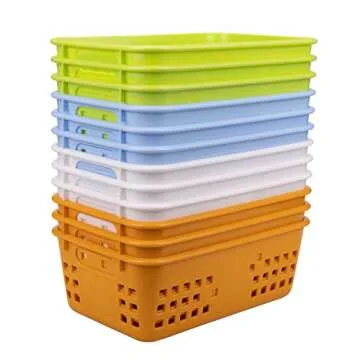 Jucoan 12 Pack Small Plastic Storage Baskets, 8.5 x 5.5 x 3 Inch Plastic Classroom Storage Baskets Organizer Tray for Pen Pencil Crayon, Stackable for Bathroom, Drawers, Shelves, Closet, Office