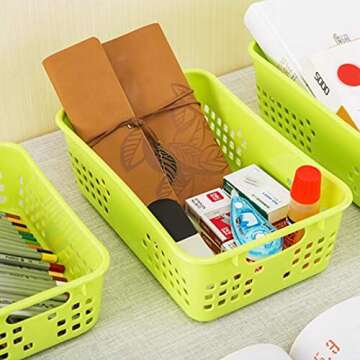 Jucoan 12 Pack Small Plastic Storage Baskets, 8.5 x 5.5 x 3 Inch Plastic Classroom Storage Baskets Organizer Tray for Pen Pencil Crayon, Stackable for Bathroom, Drawers, Shelves, Closet, Office