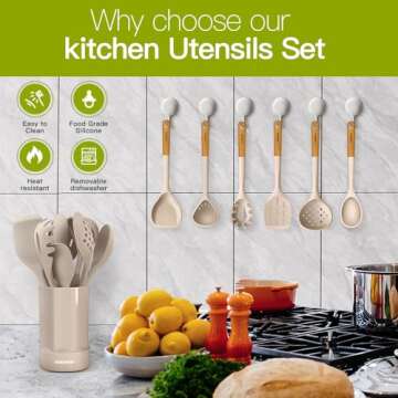 Kesupair Silicone Kitchen Utensils Set - Heat Resistant Silicone Cooking Utensils for Cooking Wooden Handles, Spatula Set, Kitchen Utensil Tools and Gadgets Sets for Non-Stick Cookware (Khaki)