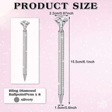 Jeyiour 8 Pcs Diamond Black Ink Rhinestone Pens Bling Metal Crystal Ballpoint Pens for Women for Wed...