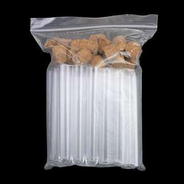 WYKOO 30 Pcs Clear Plastic Test Tubes with Cork Stoppers and 1 Brush, 15 x 100mm 10ml for Scientific Experiments Wedding Party DIY Seed Beads Powder Spice Liquid Storage Lab Use