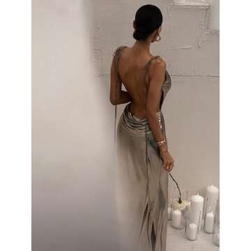 NUFIWI Sleeveless Backless Maxi Dress Open Back Slim Fit Long Dress Cut Out Bodycon Cocktail Dress Going Out Wear Gold