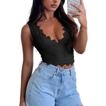 REORIA Womens Summer Tops Sexy V-Neck Sleeveless Double Lined Fashion Going Out Y2K Tank Tops Trendy Lace Slimming Crop Tops for Teen Girls Black Medium
