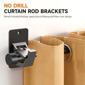 Universal Curtain Rod Holders, No Drill Curtain Rod Brackets, Self 3M Adhesive Curtain Rod Brackets Up to 30 LB, Nail Free Curtain Rod Hooks for Bathroom, Bedroom, Livingroom, Kitchen (4PC, Black)