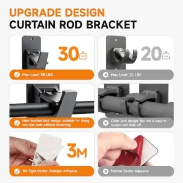 Universal Curtain Rod Holders, No Drill Curtain Rod Brackets, Self 3M Adhesive Curtain Rod Brackets Up to 30 LB, Nail Free Curtain Rod Hooks for Bathroom, Bedroom, Livingroom, Kitchen (4PC, Black)