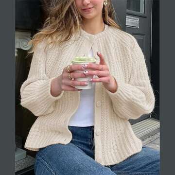 Hixiaohe Cardigan Sweater for Women Long Sleeve Button Y2K Chunky Knit Sweater Fall Casual Open Front Outwear Knitwear Coat(Milky-White,S)