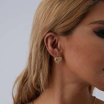 Heart Earrings Stud Earrings for Women 18k Gold Plated Trendy Cubic Zirconia Bling Jewelry Valentines Day Earrings Mothers Day Gifts Hip Hop Jewelry