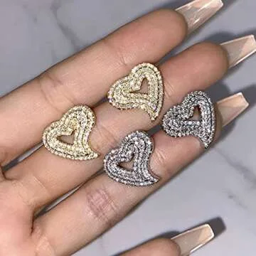 Heart Earrings Stud Earrings for Women 18k Gold Plated Trendy Cubic Zirconia Bling Jewelry Valentines Day Earrings Mothers Day Gifts Hip Hop Jewelry