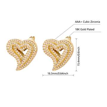 Heart Earrings Stud Earrings for Women 18k Gold Plated Trendy Cubic Zirconia Bling Jewelry Valentines Day Earrings Mothers Day Gifts Hip Hop Jewelry