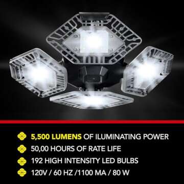 Bell+Howell QUADBURST LED Shop Light 80W 5500 Lumen Heavy-Duty Aluminum - Ultra-Bright Garage Ceiling Light with Deformable Panels, 192 Ultra High-Intensity for Garage, Bedrooms, Living Rooms