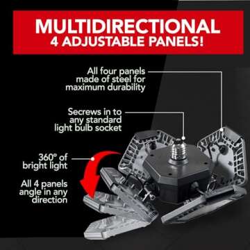 Bell+Howell QUADBURST LED Shop Light 80W 5500 Lumen Heavy-Duty Aluminum - Ultra-Bright Garage Ceiling Light with Deformable Panels, 192 Ultra High-Intensity for Garage, Bedrooms, Living Rooms
