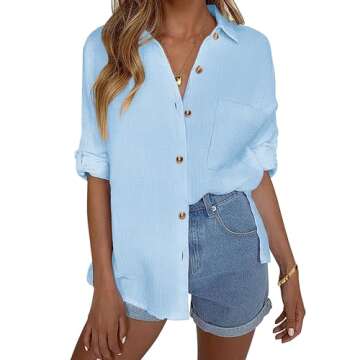 HOTOUCH Women Button Down Shirts Long Sleeve Loose Cotton Office V Neck Casual Business Blouses Tops...