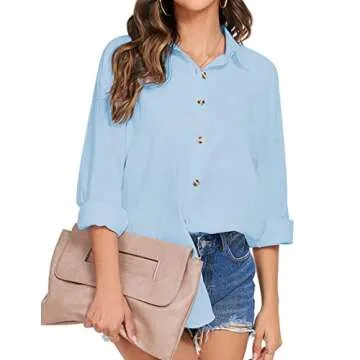HOTOUCH Women Button Down Shirts Long Sleeve Loose Cotton Office V Neck Casual Business Blouses Tops Blue S