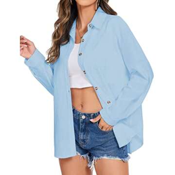 HOTOUCH Women Button Down Shirts Long Sleeve Loose Cotton Office V Neck Casual Business Blouses Tops Blue S