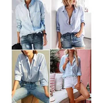 HOTOUCH Women Button Down Shirts Long Sleeve Loose Cotton Office V Neck Casual Business Blouses Tops Blue S