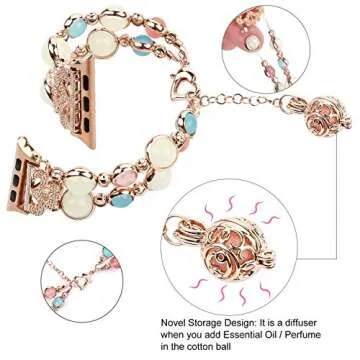 TILON For Apple Watch Band 42mm 44mm Series 4/3/2/1, Adjustable Wristband Handmade Night Luminous Pearl iWatch Bracelet with Essential Oil/Perfume Storage Pendant for Women(Rose Gold)