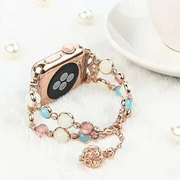 TILON For Apple Watch Band 42mm 44mm Series 4/3/2/1, Adjustable Wristband Handmade Night Luminous Pearl iWatch Bracelet with Essential Oil/Perfume Storage Pendant for Women(Rose Gold)