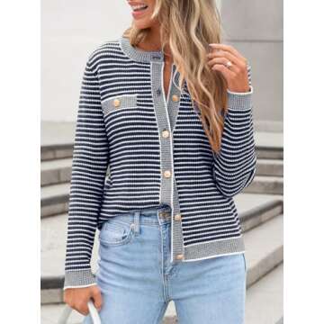 ANRABESS Women's Striped Cardigan Sweaters Casual Long Sleeve Open Front Button Down Knit Cropped Ja...