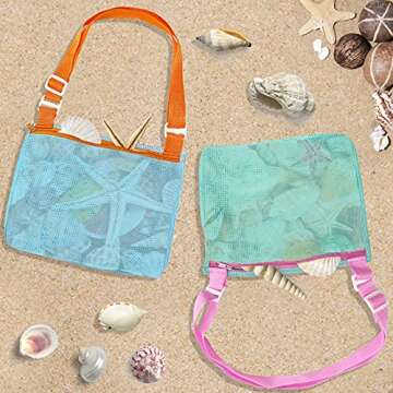 Kiddisie Beach Toys Mesh Beach Bag Kids Shell Collecting Bag Totes with Zipper for Holding Shells Beach Sand Toy for Boys and Girls Shell Bag for Picking Up Shells