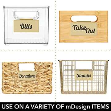 mDesign Steel Clip-On Basket and Bin Tags for Office Storage, Metal Hanging Holders with Adhesive Labels for Notebooks, Stamps, Mail, Homework, and Supplies - Set of 8 - Soft Brass