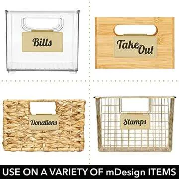 mDesign Steel Clip-On Basket and Bin Tags for Office Storage, Metal Hanging Holders with Adhesive Labels for Notebooks, Stamps, Mail, Homework, and Supplies - Set of 8 - Soft Brass