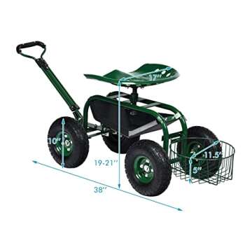 Goplus Gardening Workseat w/Wheels, Patio Wagon Scooter for Planting, Work Seat with Tool Tray & Basket, Length Adjustable Handle, Rolling Garden Cart for Outdoor, Green