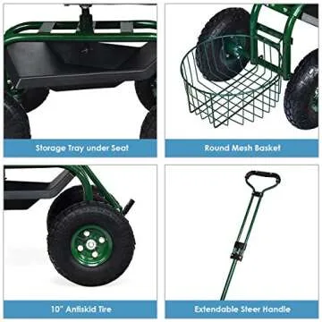 Goplus Gardening Workseat w/Wheels, Patio Wagon Scooter for Planting, Work Seat with Tool Tray & Basket, Length Adjustable Handle, Rolling Garden Cart for Outdoor, Green