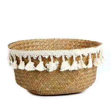 BlueMake Tassel Macrame Woven Seagrass Belly Basket for Storage, Decoration, Laundry, Picnic, Plant Basin Cover, Groceries and Toy Storage (Medium, Tassel)
