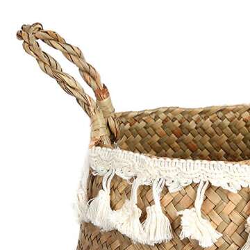 BlueMake Tassel Macrame Woven Seagrass Belly Basket for Storage, Decoration, Laundry, Picnic, Plant Basin Cover, Groceries and Toy Storage (Medium, Tassel)