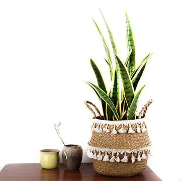 BlueMake Tassel Macrame Woven Seagrass Belly Basket for Storage, Decoration, Laundry, Picnic, Plant Basin Cover, Groceries and Toy Storage (Medium, Tassel)
