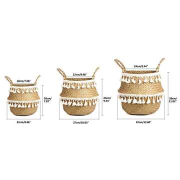 BlueMake Tassel Macrame Woven Seagrass Belly Basket for Storage, Decoration, Laundry, Picnic, Plant Basin Cover, Groceries and Toy Storage (Medium, Tassel)