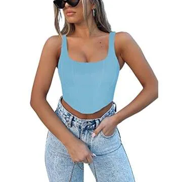 REORIA Women's Summer Sexy Square Neck Sleeveless Trendy Night Club Cropped Tank Top Cute Going Out Bustier Corset Crop Tops Sky Blue Large