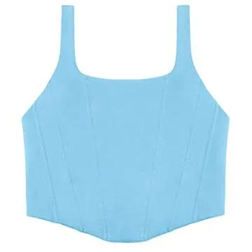 REORIA Women's Summer Sexy Square Neck Sleeveless Trendy Night Club Cropped Tank Top Cute Going Out Bustier Corset Crop Tops Sky Blue Large
