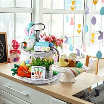 YOTNUS Easter Decorations - Easter Decor 7 PCS Tiered Tray Decor,Included Gnomes Plush, Wood Beads Garland, 2 Wooden Signs, 3 Carrots, Farmhouse Spring Table Decorations for Home(Tray Not Included)