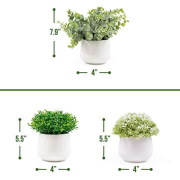 GreenCallow Artificial Plants for Home Decor Indoor. 4 Mini Plants, Rosemary Faux Plant Decor, Eucalyptus Plant, Grass Plants. Small Fake Shelf or Desk Greenery Décor (Ceramic-3)