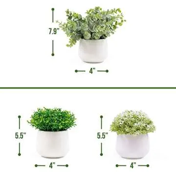 GreenCallow Artificial Plants for Home Decor Indoor. 4 Mini Plants, Rosemary Faux Plant Decor, Eucalyptus Plant, Grass Plants. Small Fake Shelf or Desk Greenery Décor (Ceramic-3)