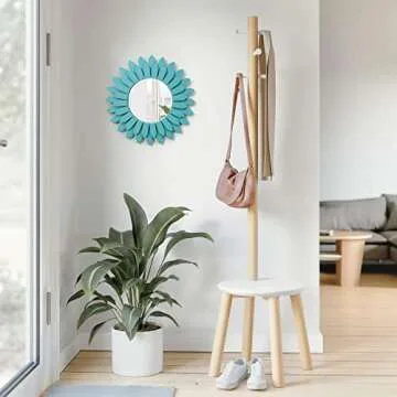 Honiway Beach Wall Decor Mirror 12 inch Wood Coastal Wall Decor Sunburst Boho Home Decor Room Decor for Bedroom Living Room Bathroom Cyan