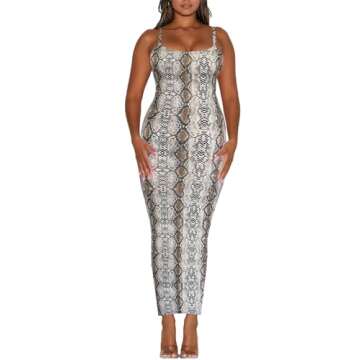 Women's Spaghetti Strap Bodycon Dress - Summer Casual Maxi Club Party Long Tight Slip Dresses Animal Print Snakeskin Brown XL