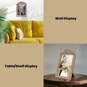 GUOER Vintage 5x7 Picture Frame with Flower Antique Ornate Table Top and Wall Mounting Photo Frame with High Definition Glass Front for Home Decor, Photo Gallery, Art(5x7, Gold)