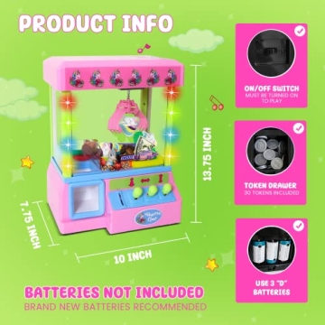 Bundaloo Claw Machine Arcade Game with Sound, Unicorn Themed Mini Candy Grabber Prize Dispenser Vending Toy for Kids, Boys & Girls (W/Lights & Plush Unicorns)