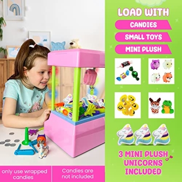 Bundaloo Claw Machine Arcade Game with Sound, Unicorn Themed Mini Candy Grabber Prize Dispenser Vending Toy for Kids, Boys & Girls (W/Lights & Plush Unicorns)