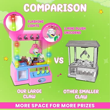 Bundaloo Claw Machine Arcade Game with Sound, Unicorn Themed Mini Candy Grabber Prize Dispenser Vending Toy for Kids, Boys & Girls (W/Lights & Plush Unicorns)