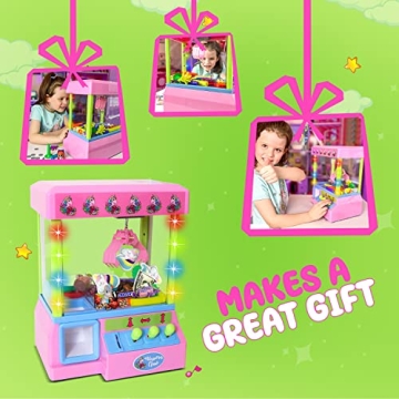 Bundaloo Claw Machine Arcade Game with Sound, Unicorn Themed Mini Candy Grabber Prize Dispenser Vending Toy for Kids, Boys & Girls (W/Lights & Plush Unicorns)