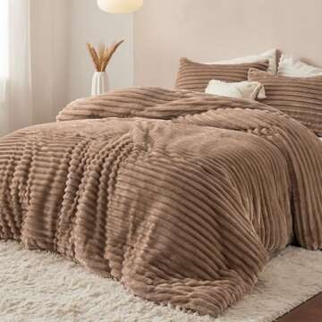 Bedsure Fluffy Comforter Set King Size - Super Soft Faux Fur Bed Set Warm Taupe, Winter Warm Plush F...