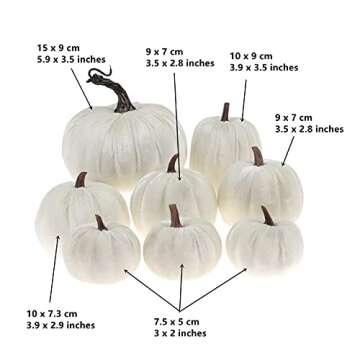 Gresorth 8pcs Assorted Size Fake Handmade White Velvet Pumpkins Artificial Fall Harvest Halloween Decoration for Home Kitchen Farmhouse Thanksgiving Wedding Festival