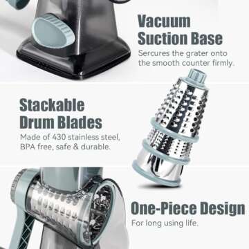 KEOUKE Rotary Cheese Grater with Handle Vegetable Cheese Shredder Slicer Grater for Kitchen 3 Changeable Blades for Cheese Potato Zucchini Nuts Chocolate - GreyBlue