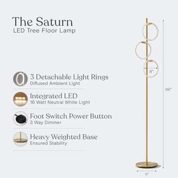 Brightech Saturn Floor Lamp, Great Living Room Decor, Tall Tree Lamp for Offices, Contemporary Lamp for Living Rooms, Standing Lamp With 3 LED Lights for Bedroom Reading - Gold/Brass