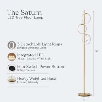 Brightech Saturn Floor Lamp, Great Living Room Decor, Tall Tree Lamp for Offices, Contemporary Lamp for Living Rooms, Standing Lamp With 3 LED Lights for Bedroom Reading - Gold/Brass