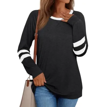 AUTOMET Women's Casual Color Block Long Sleeve Tops - Trendy Cotton Tees for Fall
