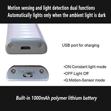 Otinlai Under Cabinet Lights,10 LED Motion Sensor Lights, Night Light,Led Battery Lights,Motion Led Light Bar, USB Rechargeable Magnet LED Lights Stick on Anywhere (Silver White 3 Pack)